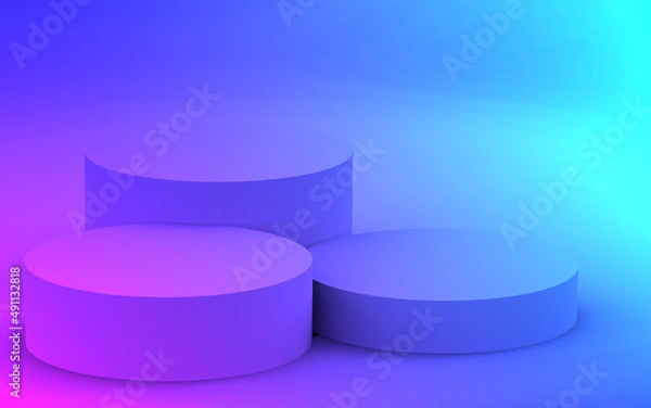 Fototapeta 3d purple blue neon light cylinder podium minimal studio gradient dark colors background. Abstract 3d geometric shape object illustration render. Display for nightclub party and technology product.