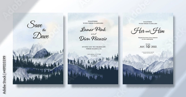 Obraz Wedding invitation card set, Watercolor landscape paintings travelling with mountain range pine.