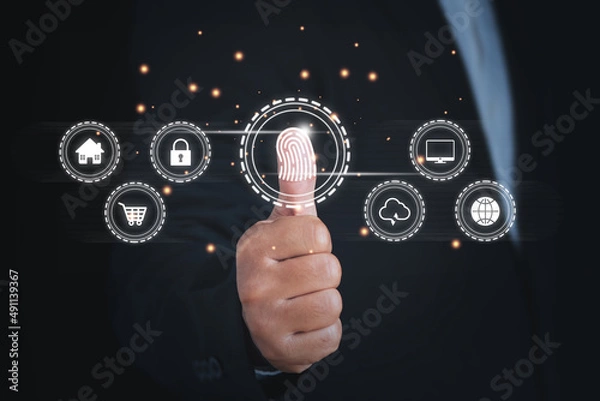 Fototapeta Cyber security network. Businessmen use fingerprints to access personal information. Data protection privacy and Cybersecurity network concept.