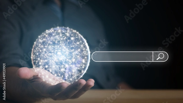 Fototapeta Search.Searching Browsing Internet Data Information with the blank search bar.Man holding planet by hand. Networking Concept.Element of this image from NASA.
