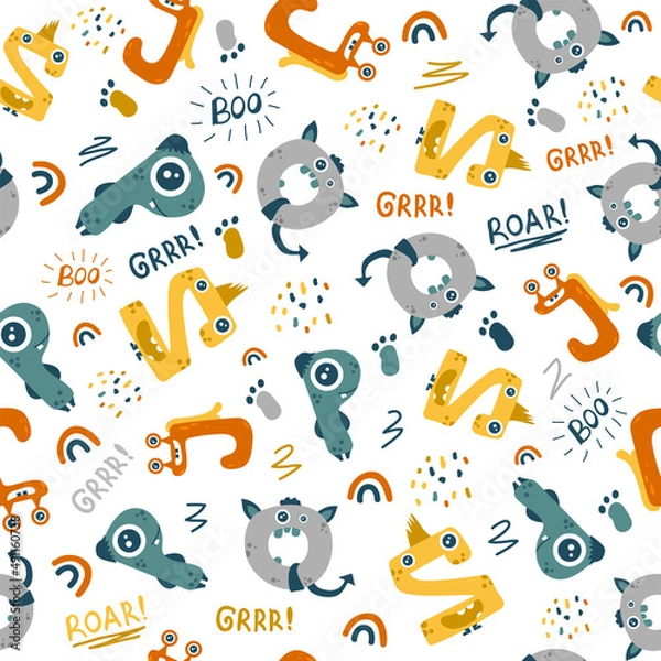 Fototapeta Cute monsters ABC alphabet seamless pattern. Funny and simple comic font in cartoon style. Various monster characters. Colorful isolated hand drawn doodles on white background