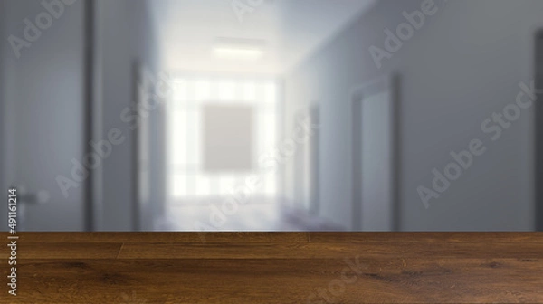 Fototapeta The Corridor in office building. 3D rendering. Background with empty table. Flooring.