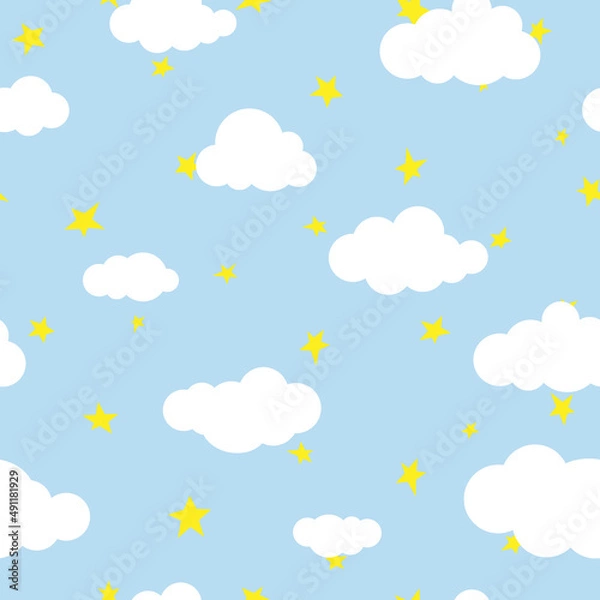 Fototapeta Seamless cartoon background with white clouds and yellow stars on blue sky. Overcast pattern. Vector