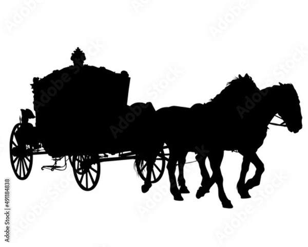 Fototapeta Horses harnessed to a beautiful old carriage. Isolated silhouette on a white background