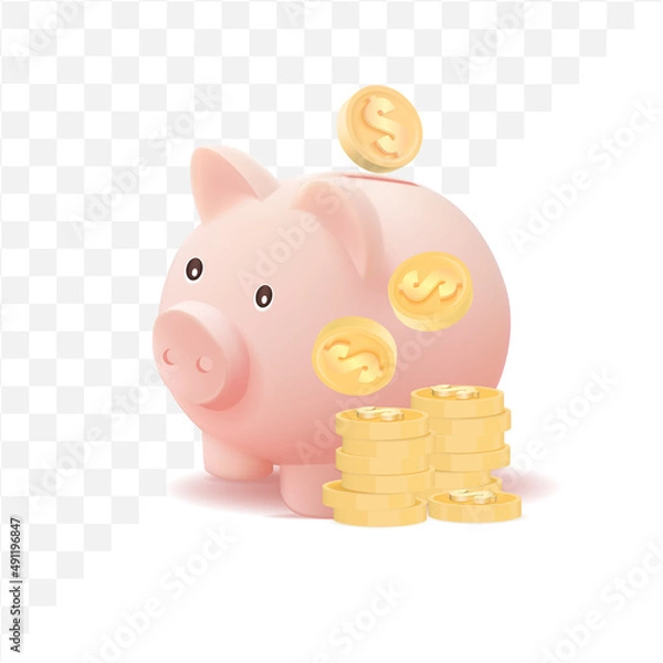 Obraz 3d piggy bank with coin isolated on white background