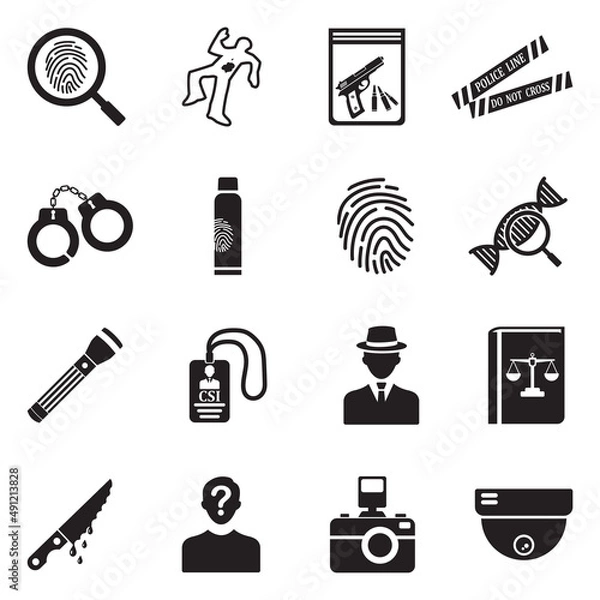 Obraz Crime Investigation Icons. Black Flat Design. Vector Illustration.