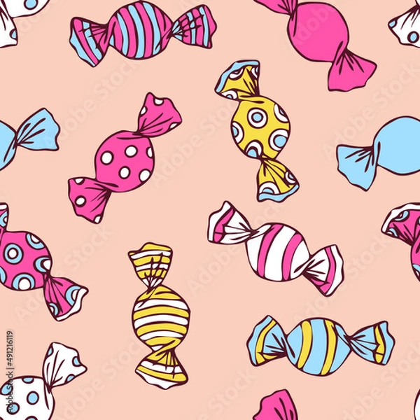 Fototapeta Seamless vector pattern with candy sweets on pastel yellow background. Simple hand drawn toffee wallpaper design. Decorative happy food fashion textile.