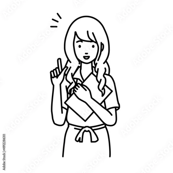 Fototapeta 立って書類を手に持って何かひらめいたカフェ店員の女性