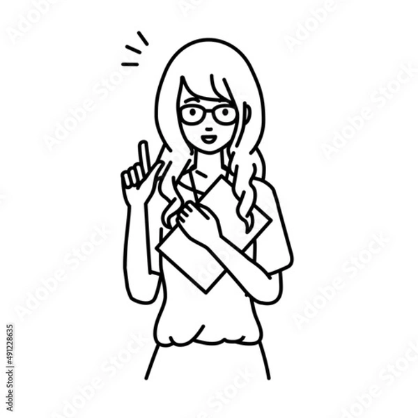 Fototapeta 立って書類を手に持って何かひらめいた教師の女性