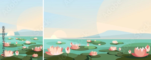 Fototapeta Landscape with lotus flowers on the river. Natural scenery in different formats.