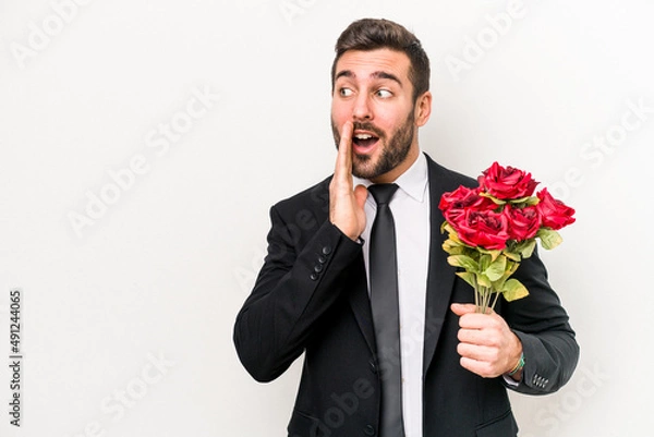 Obraz Young caucasian man holding a bouquet of flowers isolated on white background is saying a secret hot braking news and looking aside