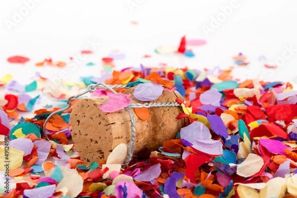 Obraz Konfetti mit Sektkorken zu Karneval, für Party oder Geburtstag