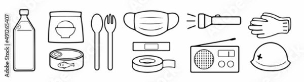 Fototapeta 防災用品　シンプルなアイコンのセット　輪郭線