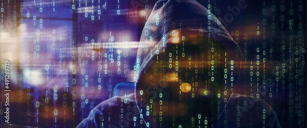 Obraz Double exposure of hooded hacker with binary code