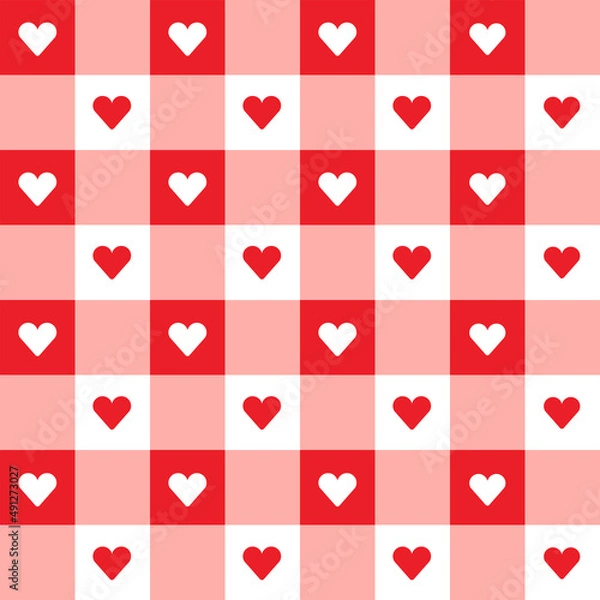 Fototapeta Red Heart Love Valentine's Day Gingham Pattern Square Background Vector Cartoon Illustration Tablecloth, Picnic mat wrap paper, Mat, Fabric, Textile, Scarf.