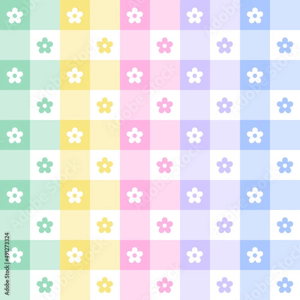 Fototapeta Cute Daisy Flower Element Pastel Rainbow Checkered Gingham Pattern