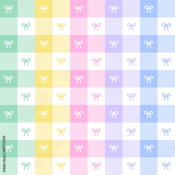 Fototapeta Cute Bow Ribbon Gift Box Present Sweet Element Rainbow Purple Blue Green Yellow Orange Pink Checkered Gingham Pattern Cartoon Illustration, Mat, Fabric, Textile, Scarf, Wrapping Paper