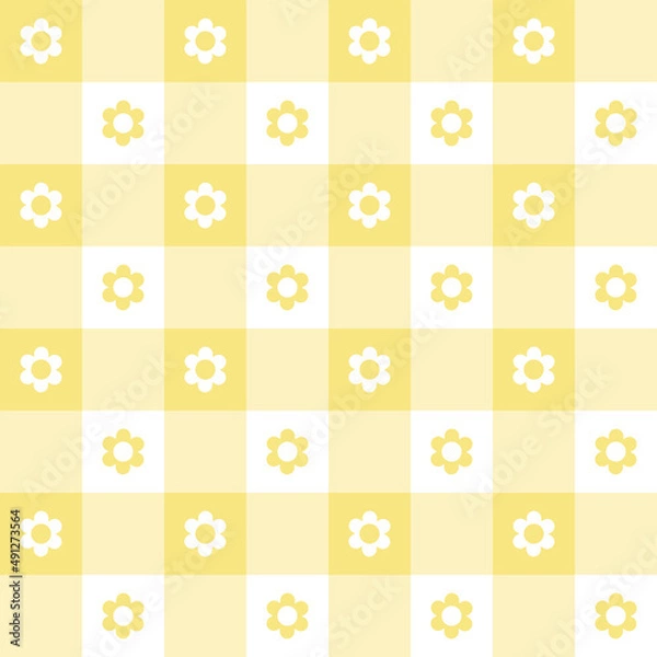 Fototapeta Cute Daisy Flower Sunflower Pastel Yellow Checkered Plaid Gingham Pattern Background Vector Cartoon Illustration Tablecloth, Picnic mat wrap paper, Mat, Fabric, Textile, Scarf.