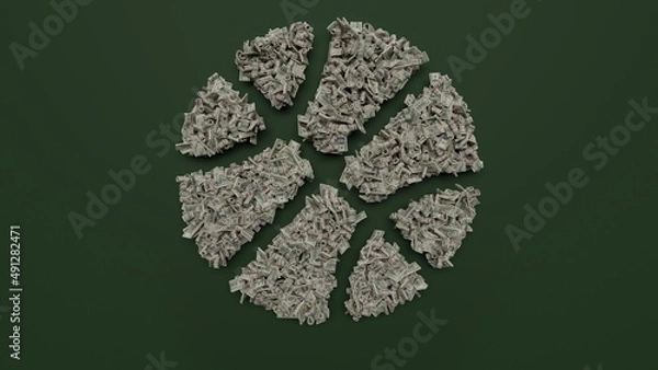 Obraz 3d rendering of dollar cash rolls and stacks in shape of symbol of basketball ball on green background