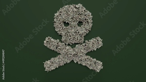 Fototapeta 3d rendering of dollar cash rolls and stacks in shape of symbol of skull crossbones on green background