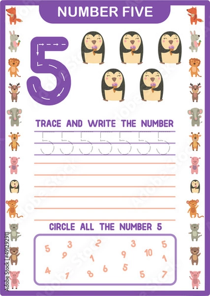 Fototapeta Printable preschool handwriting number 5 worksheet - Digital download - tracing and spelling numbers - instant download