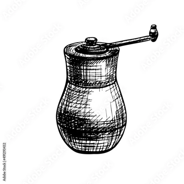 Fototapeta Wood pepper mill. Vector vintage hatching color illustration. Isolated on white