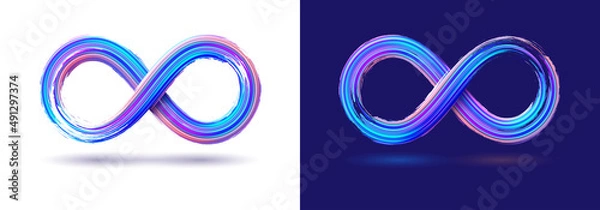 Fototapeta Isolated infinity symbol vector template on white and blue background. Realistic brush stroke effect. Illustration with number eight in bright neon paint for logo, branding.