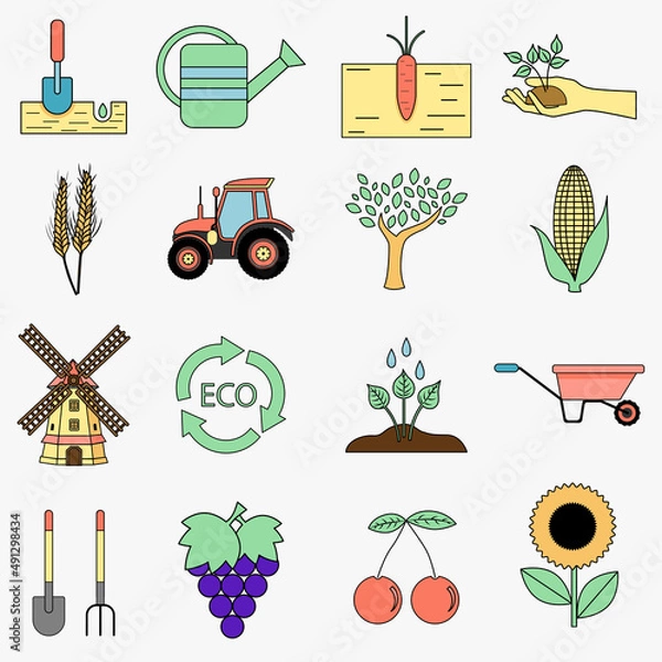 Fototapeta Agronomy agricultural flat vector icons set
