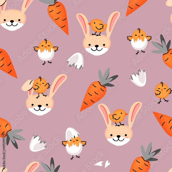 Fototapeta Cute vector seamless pattern with funny chickens,carrots and hares in cartoon.Childish background and texture for printing on fabrics and paper.Hand drawn stock illustration for baby,kids apparel.