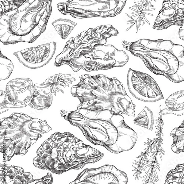 Fototapeta Seafood seamless pattern with oyster, lemon slice, rosemary and ice cubes - sketch vector illustration on white.