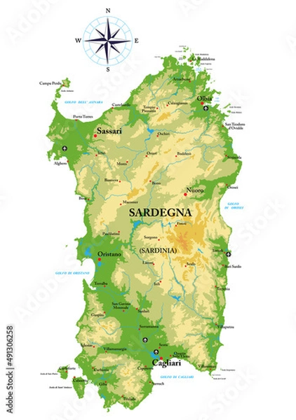 Obraz Sardegna highly detailed physical map