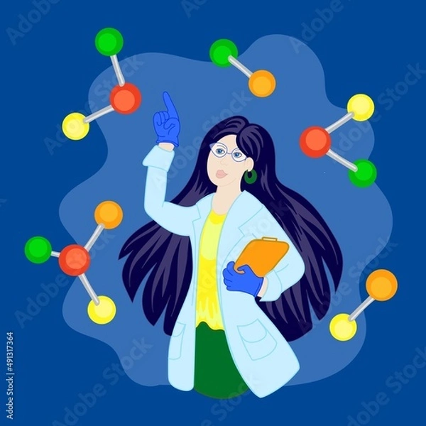 Fototapeta A female chemist in a dressing gown with an folder in her hands.Background with atomic crystal lattice. Science discovery concept.Discovery, ideas. Design element.