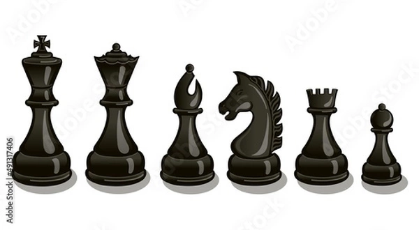 Fototapeta Intellectual leisure activity symbol.Realistic black chess pieces set. King, queen bishop and pawn horse rook. Black chess figures for board game.  Vector illustration