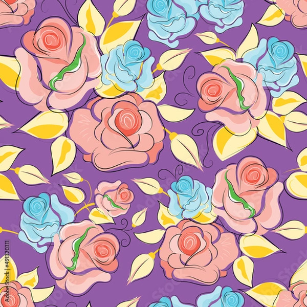 Fototapeta Roses. Floral seamless pattern with blooming flowers and leaves. Vector image for packaging, wallpapers, decorations, holidays, web and print. 