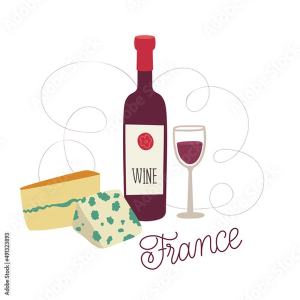 Fototapeta Flat vector illustration with traditional symbols of France. French cuisine. Set with food. Wine and cheese: emmental, roquefort, morbier, camember.