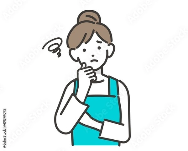Fototapeta 悩み事があるエプロンを付けた主婦(保育士、家事代行)のベクターイラスト素材／家事／セット