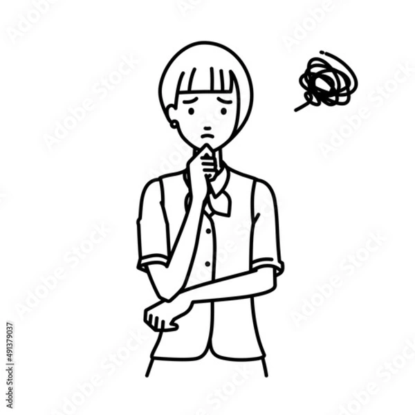 Fototapeta 立って手をあごにあてて困っている事務員制服の女性