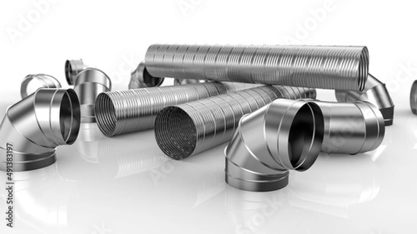 Obraz Galvanized elbow spiral duct for air conditioning and ventilation systems in industrial equipment.	