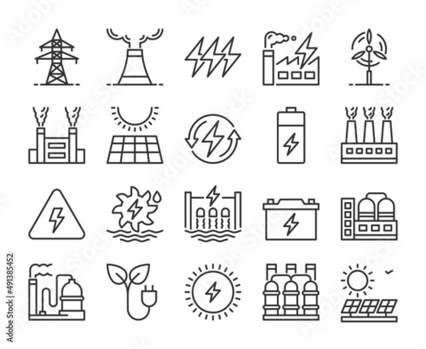 Obraz Power plant icons. Power station line icon set. Editable Stroke.