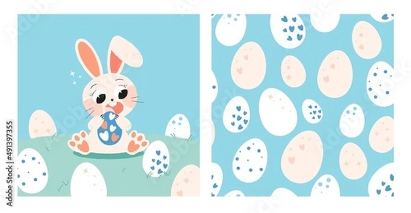 Fototapeta Card and seamless pattern with cute easter bunny and easter eggs in cartoon style