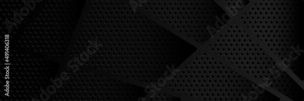 Fototapeta Abstract black metallic carbon neutral overlap light hexagon mesh design modern luxury futuristic technology background. Game tech wide banner vector illustration.