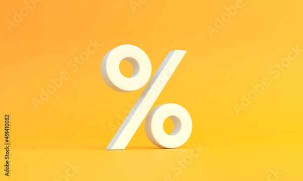 Fototapeta White percentage sign on a yellow background with copy space. Minimal creative concept. 3d render illustration
