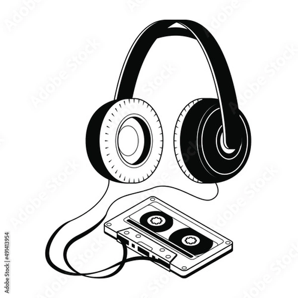 Fototapeta Abstract Hand Drawn Classic Tape Old Cassette With Headphones Doodle Concept Vector Design Outline Style On White Background Isolated Outline Music, Sound, Audio, Relax