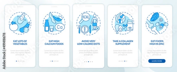 Obraz Maintaining healthy joints and bones blue onboarding mobile app screen. Walkthrough 5 steps graphic instructions pages with linear concepts. UI, UX, GUI template. Myriad Pro-Bold, Regular fonts used