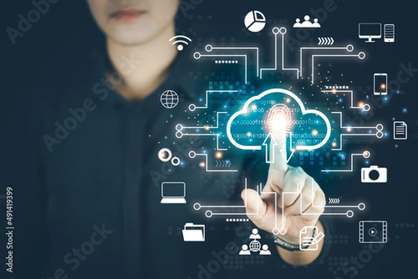 Obraz Businesswoman touching virtual monitor, cloud computer storage concept, cloud computing, big data, internet of things, business processes, various storage systems