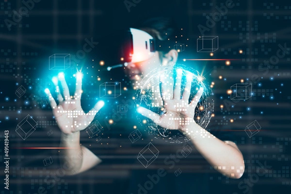 Obraz Women wear virtual reality glasses to enter the virtual world, to experience the virtual world technology, the future world, to experience entertainment through the screen.VR