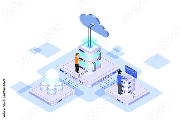 Obraz Data center or server room processing data operation with security protection and maintenance with isometric design style - vector