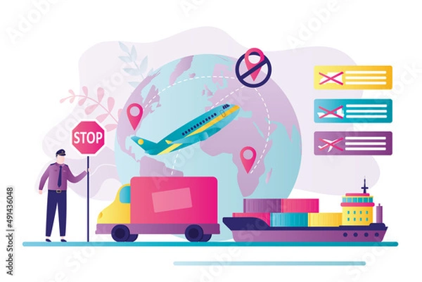 Fototapeta Transport restrictions. Sanctions on movement of goods and cargo. A ban on overflight of aircraft over the country. Trade wars. Border guard with stop sign.