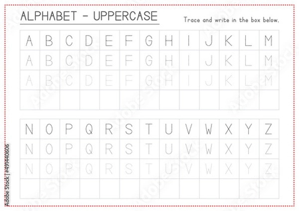 Fototapeta Children Learning Printable - Trace and Write Alphabets Uppercase