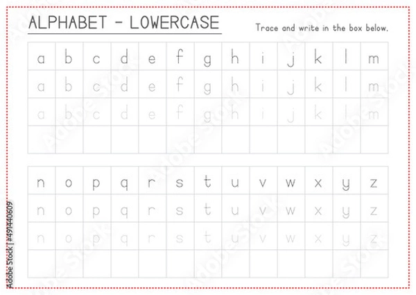 Fototapeta Children Learning Printable - Trace and Write Alphabets Lowercase